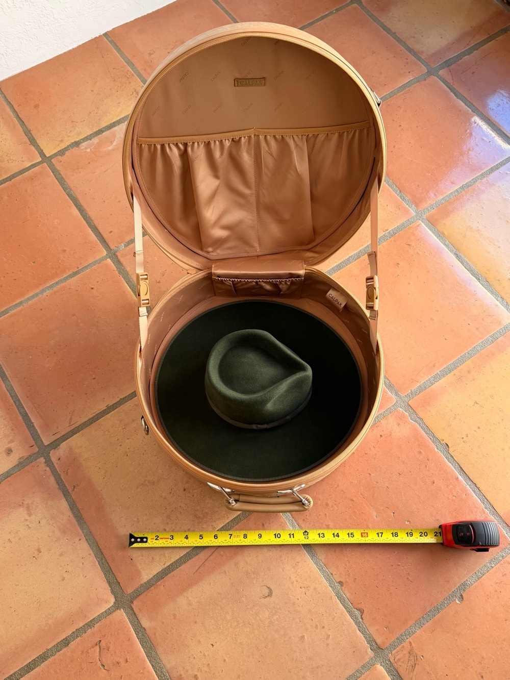Calpak Tan Round Hat Travel Case with Interior Pockets